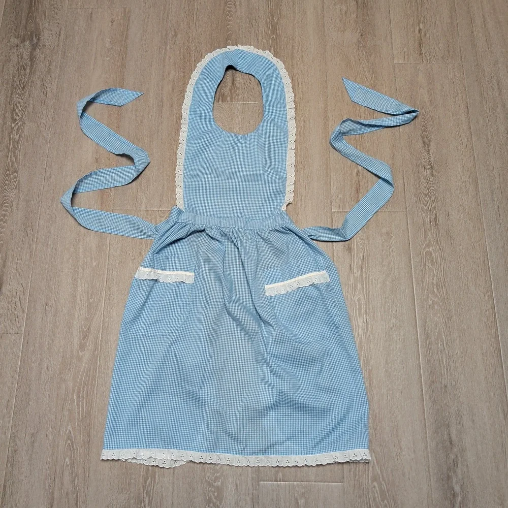 Vintage Handmade Prarie Style‎ Blue Apron Gingham Pinafore Lace Trim Pockets